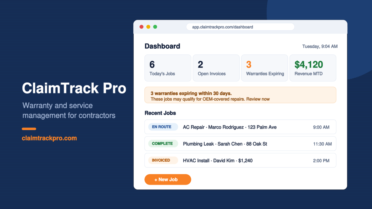ClaimTrack Pro, warranty and service management for contractors